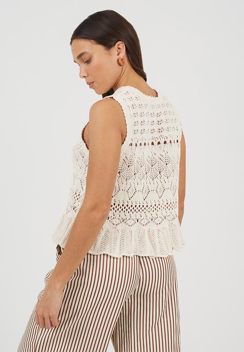 Brave Soul - Ladies Crew Neck Pointelle Waistcoat With Peplum Frill Hem - White