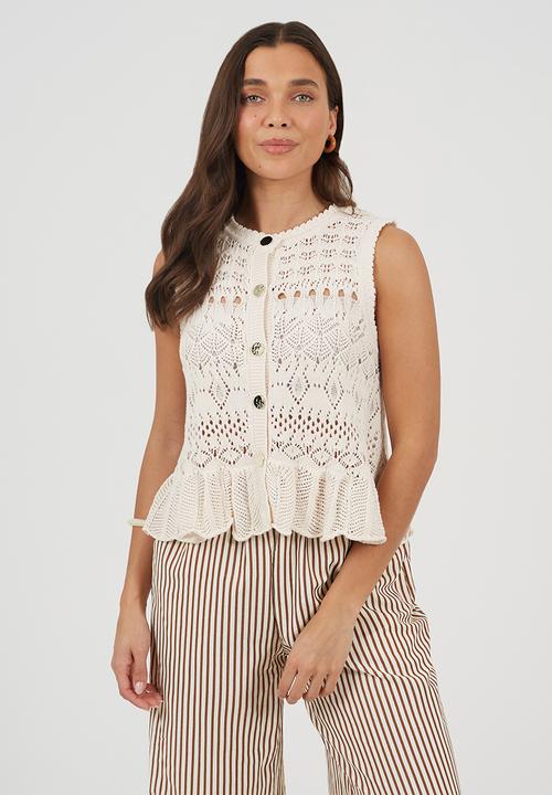 Brave Soul - Ladies Crew Neck Pointelle Waistcoat With Peplum Frill Hem - White