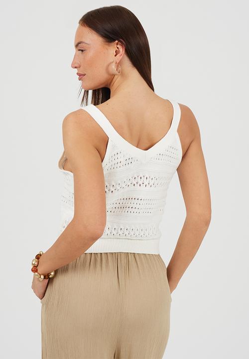 Brave Soul - Ladies Crochet Knit Waistcoat With Tortoiseshell Buttons - White