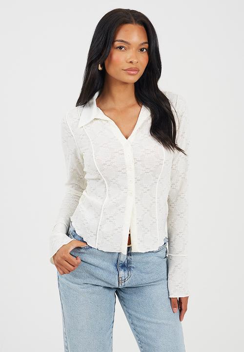 Brave Soul - Ladies Long Sleeve Collared Button Down Textured Jersey Top - Cream
