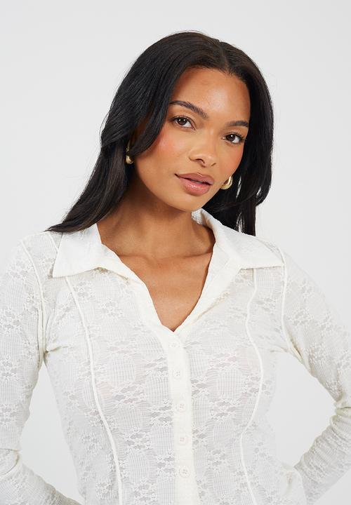 Brave Soul - Ladies Long Sleeve Collared Button Down Textured Jersey Top - Cream