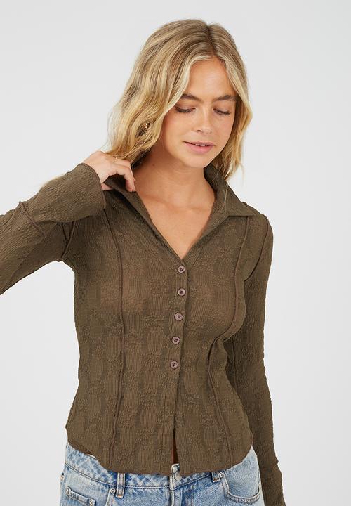 Brave Soul - Ladies Long Sleeve Collared Button Down Textured Jersey Top - Truffle