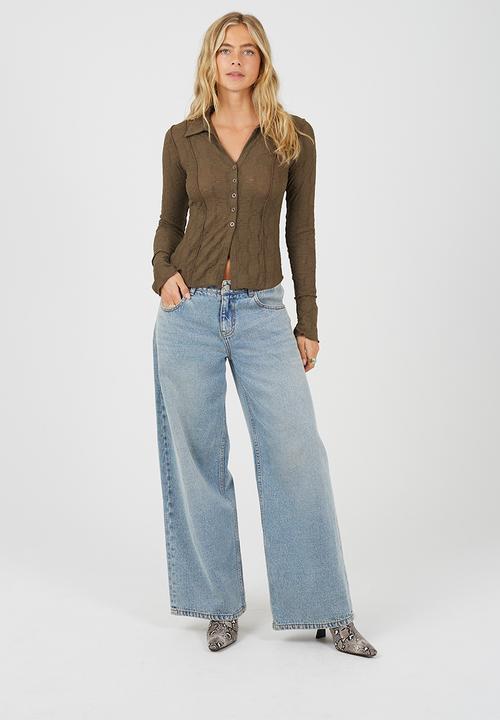 Brave Soul - Ladies Long Sleeve Collared Button Down Textured Jersey Top - Truffle