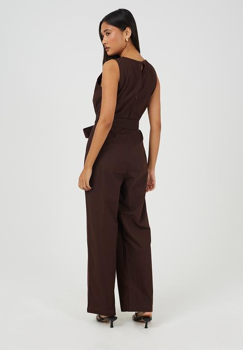 Brave Soul - Ladies Woven Jumpsuit With Tie Waist Detail - Chocolate
