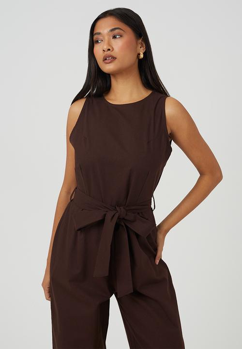 Brave Soul - Ladies Woven Jumpsuit With Tie Waist Detail - Chocolate