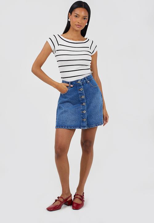 Brave Soul - Ladies Button Down A Line Mini Skirt - Mid Wash Blue