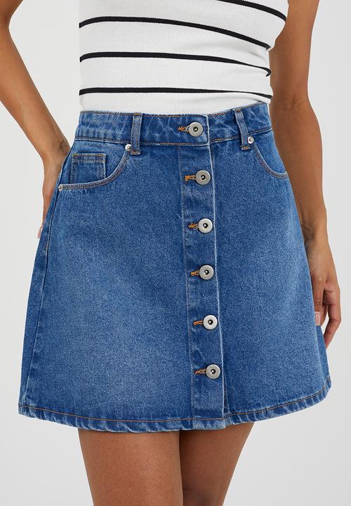 Brave Soul - Ladies Button Down A Line Mini Skirt - Mid Wash Blue