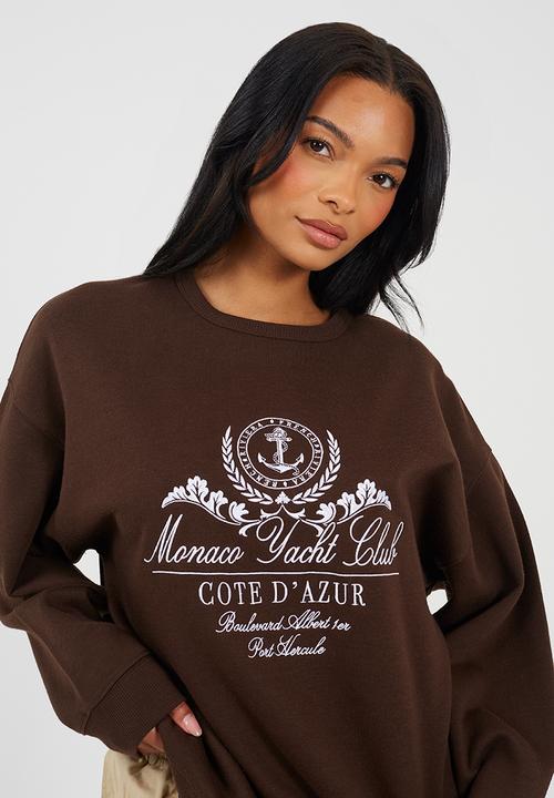 Brave Soul - Ladies Crew Neck Sweatshirt With Embroidery - Chocolate/White