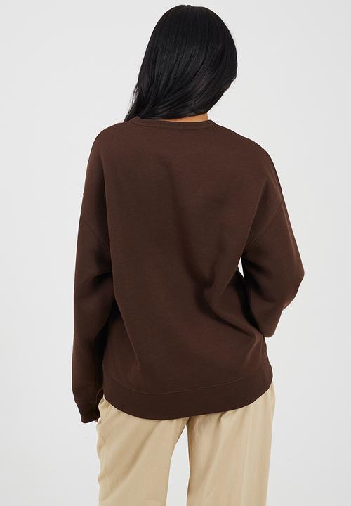 Brave Soul - Ladies Crew Neck Sweatshirt With Embroidery - Chocolate/White