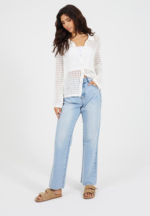 Brave Soul - Ladies Button Through Collared Shirt In Open Mesh Stitch - Cream