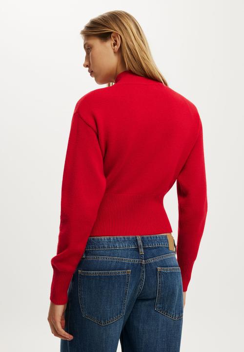 Cotton On - Lotus Cinched Zip Knit - Red Petal