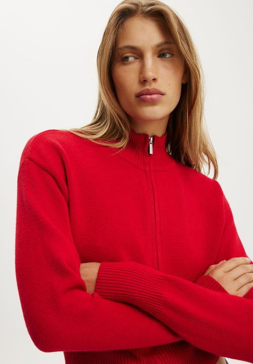 Cotton On - Lotus Cinched Zip Knit - Red Petal