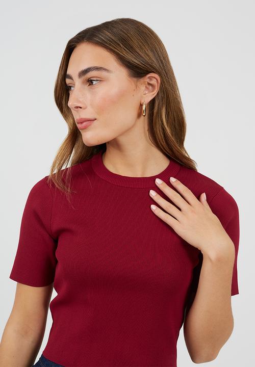 Brave Soul - Ladies Knit Short Sleeves T-Shirt - Cranberry