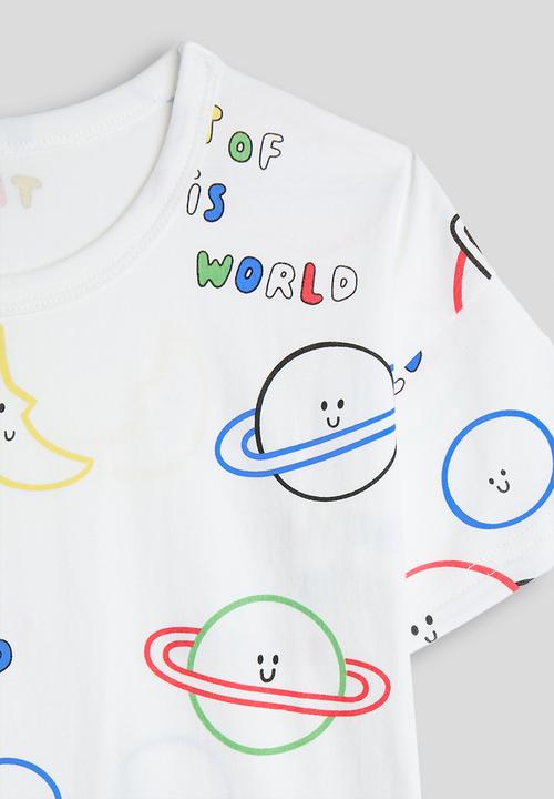 Pop Candy - Planet aop tee with plain shorts pj set - white/blue