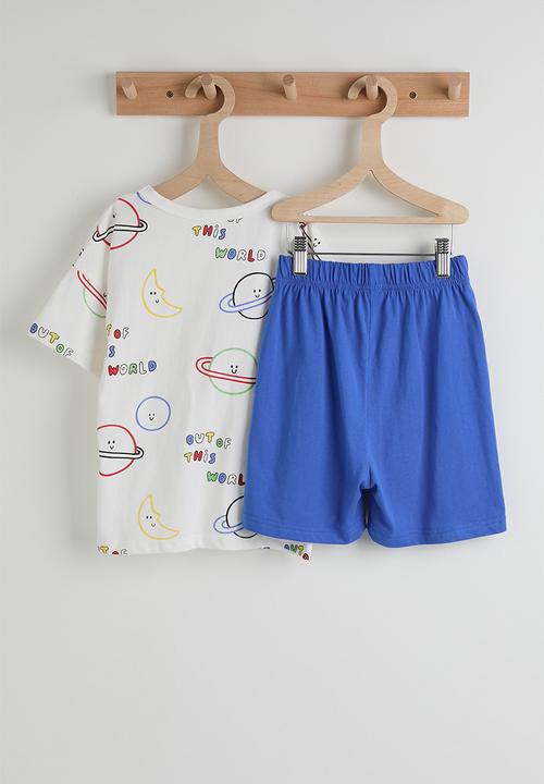 Pop Candy - Planet aop tee with plain shorts pj set - white/blue