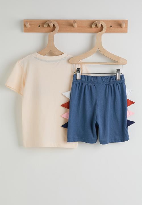Pop Candy - Dino tee with side spike shorts - seashell/blue
