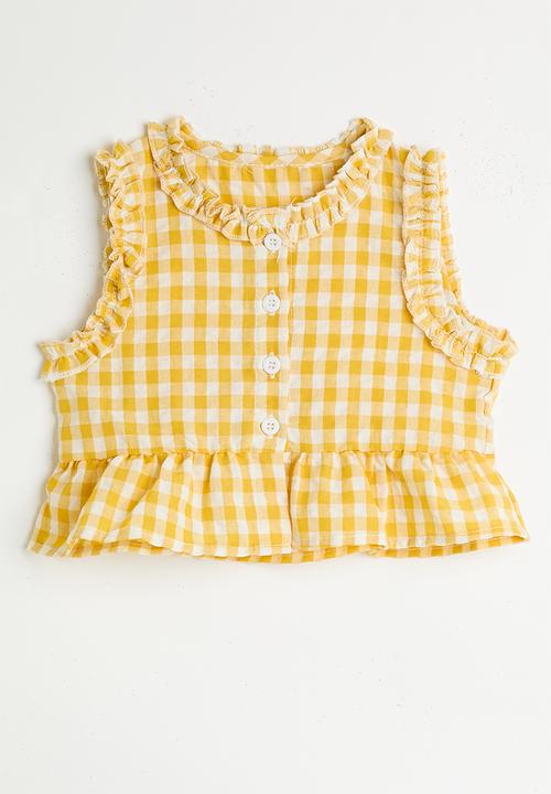 Pop Candy - Gingham ruffled trim blouse and pants - yellow