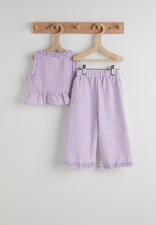 Pop Candy - Gingham ruffled trim blouse and pants - lilac/light pink