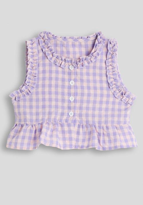 Pop Candy - Gingham ruffled trim blouse and pants - lilac/light pink