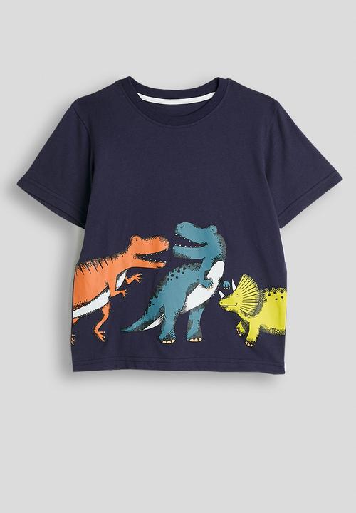 Pop Candy - Dino graphic tee with striped shorts - navy/beige