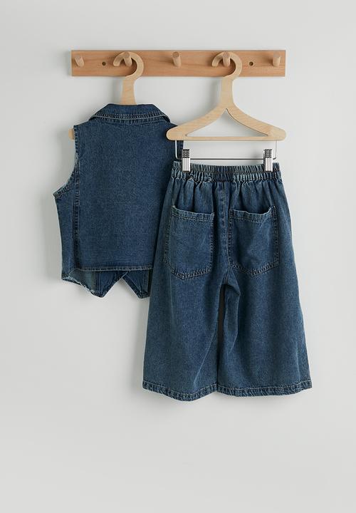 Pop Candy - Denim collared vest with bermuda shorts - dark blue