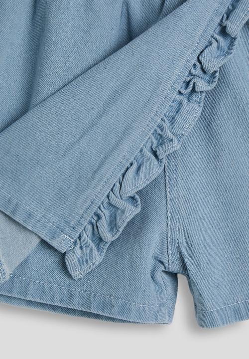 Pop Candy - Anglaise square neck top with denim skort - white/blue
