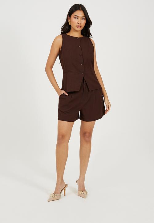 Brave Soul - Ladies Woven Button Through Tailored Vest - Chocolate