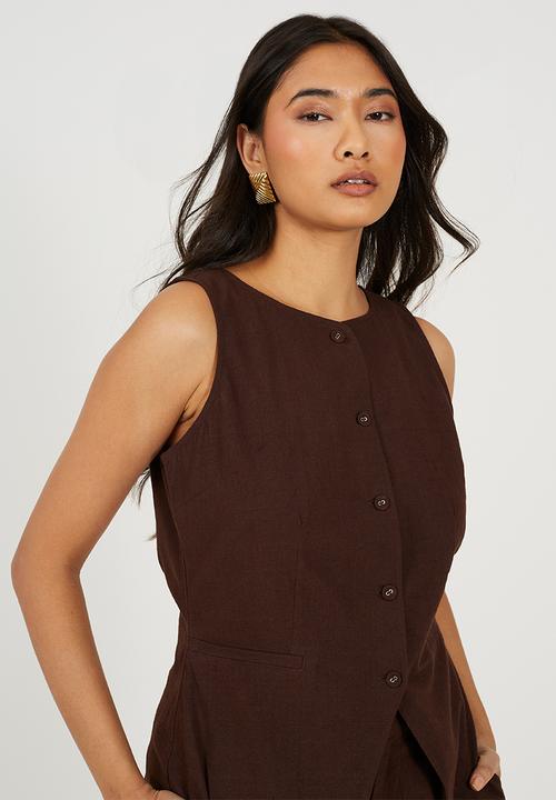 Brave Soul - Ladies Woven Button Through Tailored Vest - Chocolate