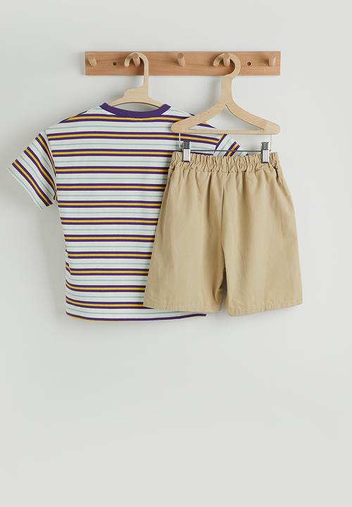 Pop Candy - Purple striped tee with shorts - purple stripes/beige