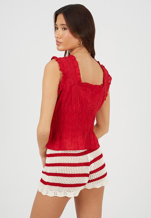 Brave Soul - Ladies Sleeveless Broiderie Top - Red