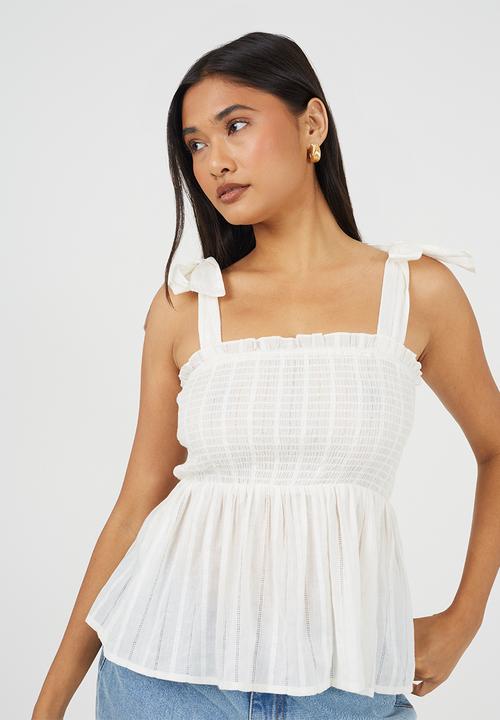 Brave Soul - Ladies Ruched Bodice Peplum Vest With Shoulder Ties - Off White