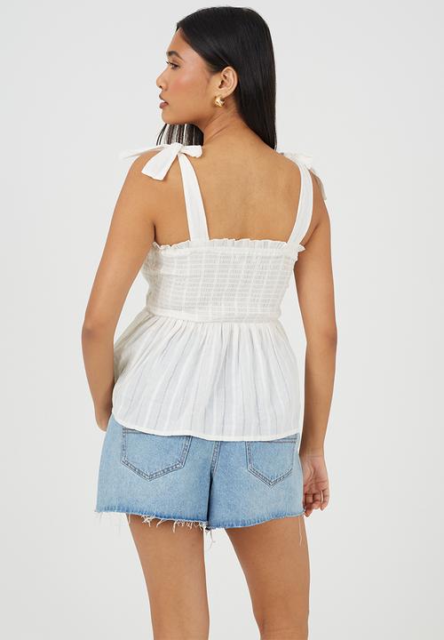 Brave Soul - Ladies Ruched Bodice Peplum Vest With Shoulder Ties - Off White