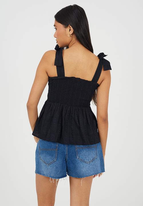 Brave Soul - Ladies Ruched Bodice Peplum Vest With Shoulder Ties - Black