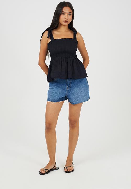 Brave Soul - Ladies Ruched Bodice Peplum Vest With Shoulder Ties - Black