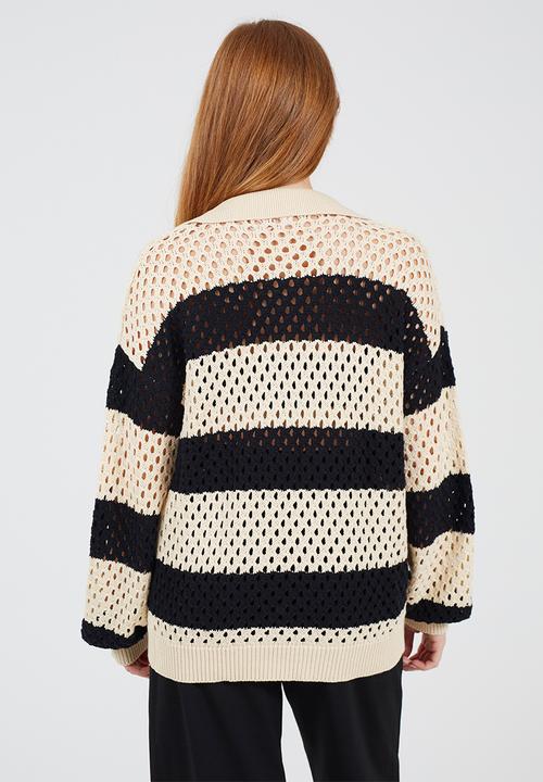 Brave Soul - Ladies Collared Jumper In Open Knit Mesh Stitch With Wide Stripe - Stone/Black