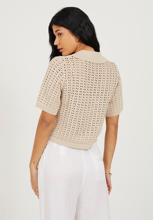 Brave Soul - Ladies Collared T-Shirt In Open Pointelle Knit - Stone
