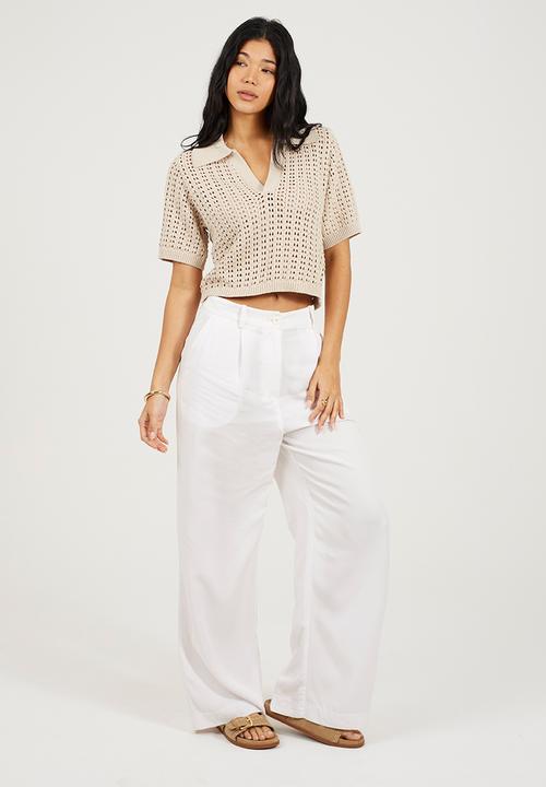 Brave Soul - Ladies Collared T-Shirt In Open Pointelle Knit - Stone