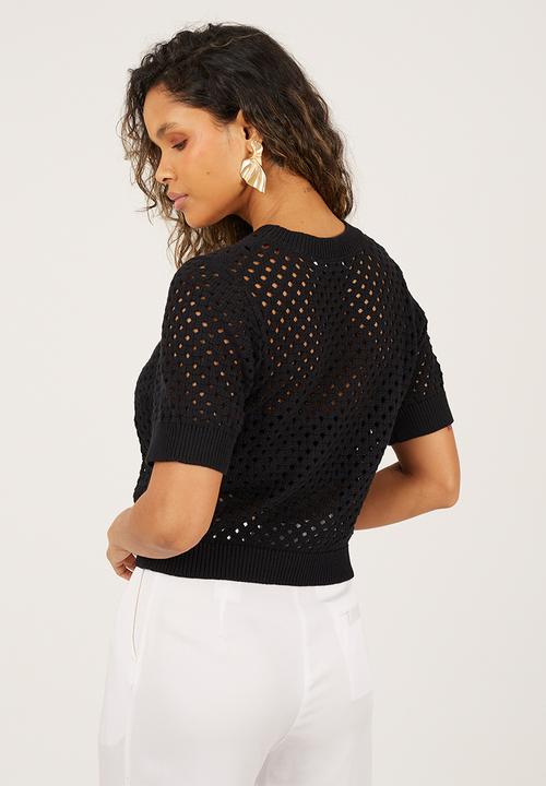 Brave Soul - Ladies Crew Neck T-Shirt In Open Knit Mesh Stitch - Black