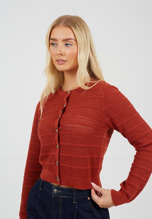 Brave Soul - Ladies Crew Neck Button Through Cardigan With All Over Stitch Repeat - Rust