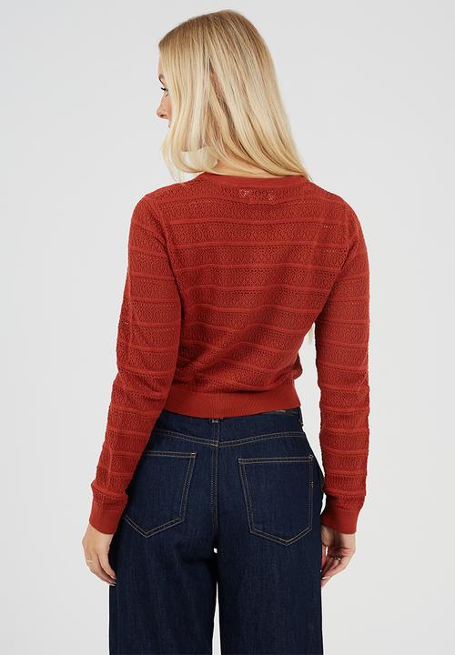 Brave Soul - Ladies Crew Neck Button Through Cardigan With All Over Stitch Repeat - Rust