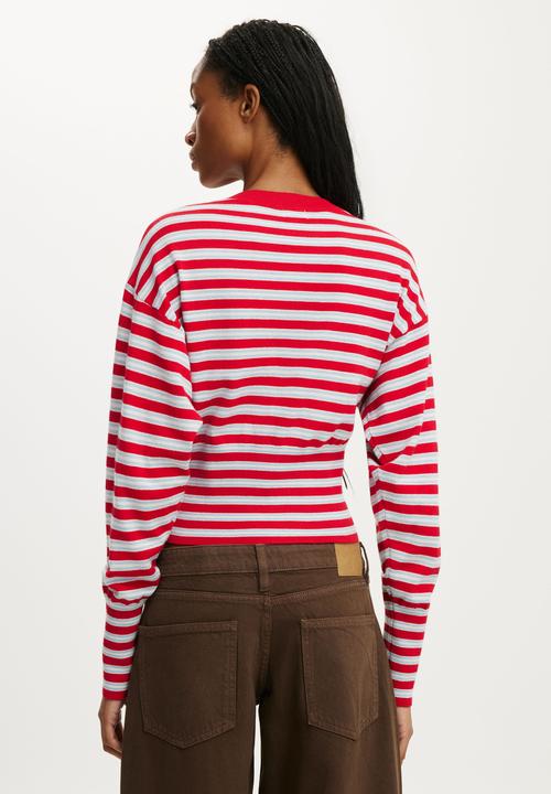 Cotton On - Sara Button Cardigan - Red Petal/Marine Stripe