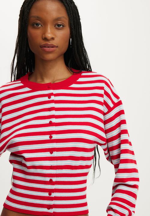 Cotton On - Sara Button Cardigan - Red Petal/Marine Stripe