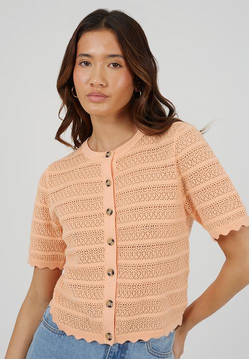 Brave Soul - Ladies Button Through Cardigan With All Over Stitch Repeat - Peach