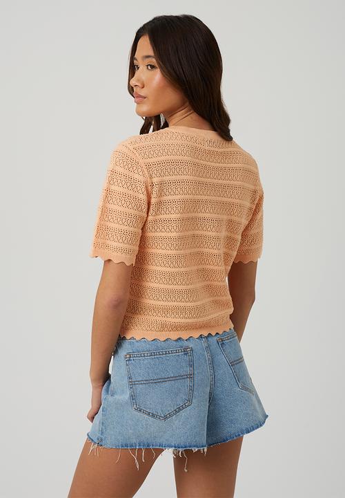 Brave Soul - Ladies Button Through Cardigan With All Over Stitch Repeat - Peach