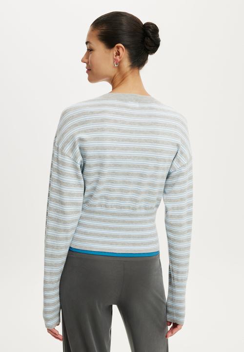 Cotton On - Sara Button Cardigan - Grey Marle/Seaside Blue/White Stripe