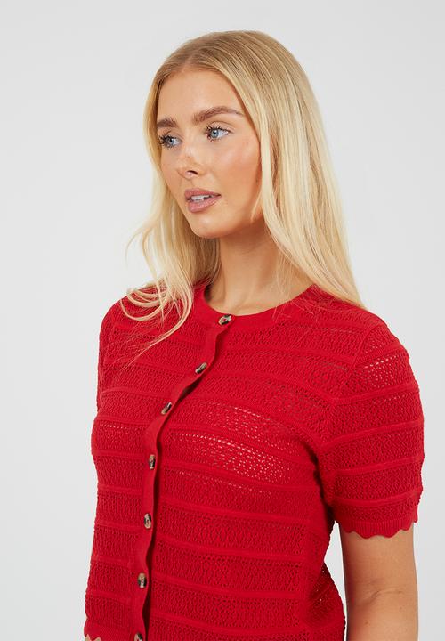 Brave Soul - Ladies Button Through Cardigan With All Over Stitch Repeat - Red