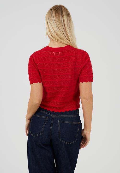 Brave Soul - Ladies Button Through Cardigan With All Over Stitch Repeat - Red
