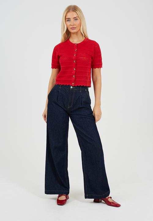 Brave Soul - Ladies Button Through Cardigan With All Over Stitch Repeat - Red