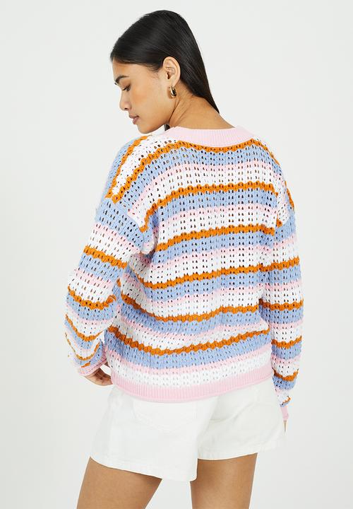 Brave Soul - Ladies V Neck Open Stitch Stripe Cardi With Tortoiseshell Button - Pink Multi