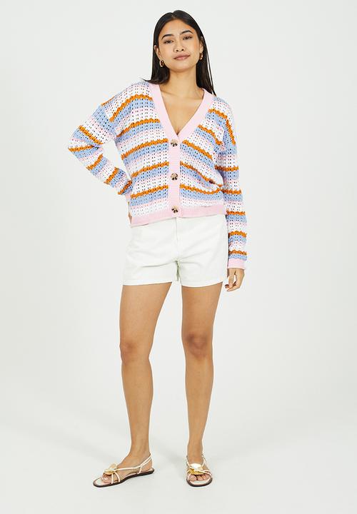 Brave Soul - Ladies V Neck Open Stitch Stripe Cardi With Tortoiseshell Button - Pink Multi